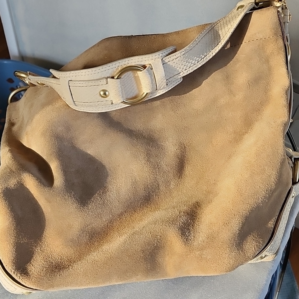 Coach Carly Tan Suede Slouchy Handbag Purse A0773-10622 Bright Yellow Liner